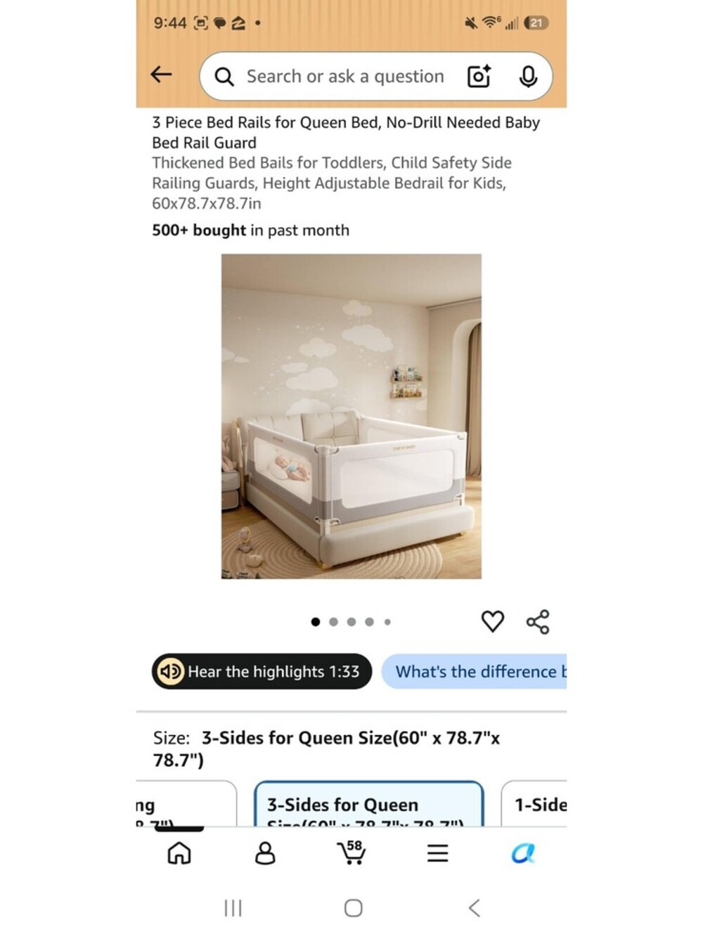 3 Piece No-Drill Bed Rails for Queen Bed Baby Safety Guard